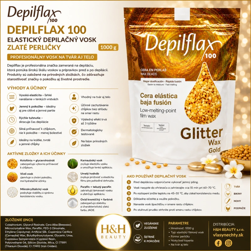 DEPILFLAX 100 Elastický depilačný vosk s nízkym bodom topenia, perličkový zlatý 1000 g