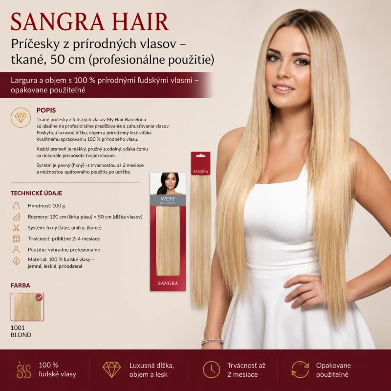 SANGRA Hair vlasy na predľžovanie WEFT šité na páske 100g farba 1001 BLOND