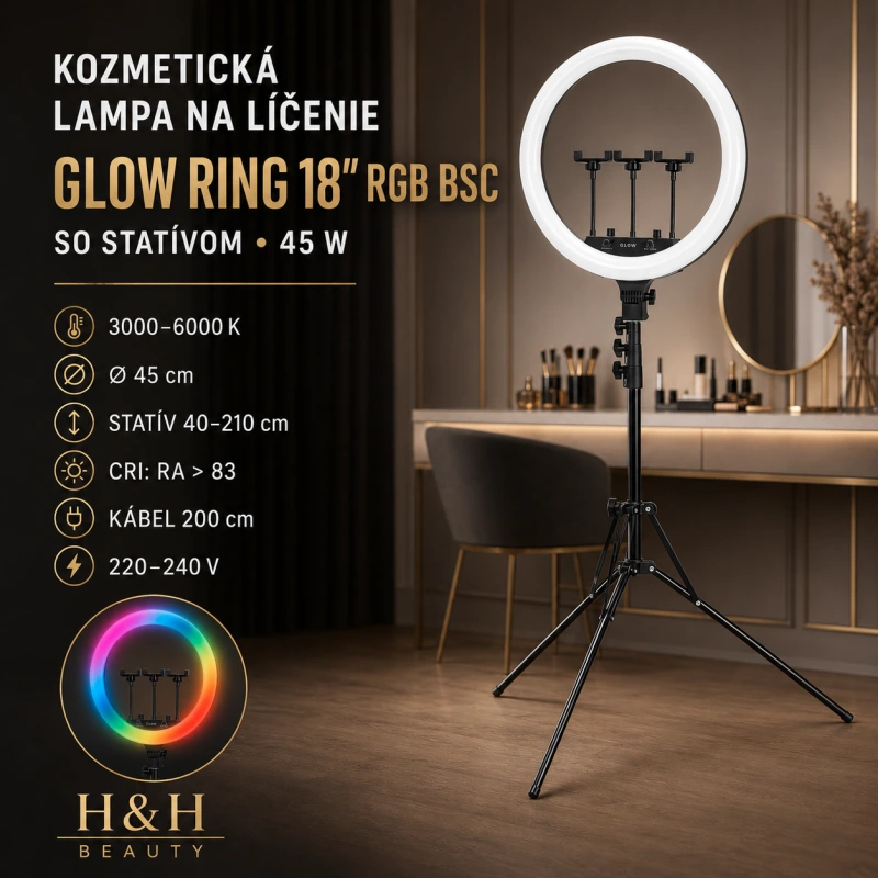 KOZMETICKÁ LAMPA NA LÍČENIE GLOW RING 18" RGB BSC SO STATÍVOM 45W