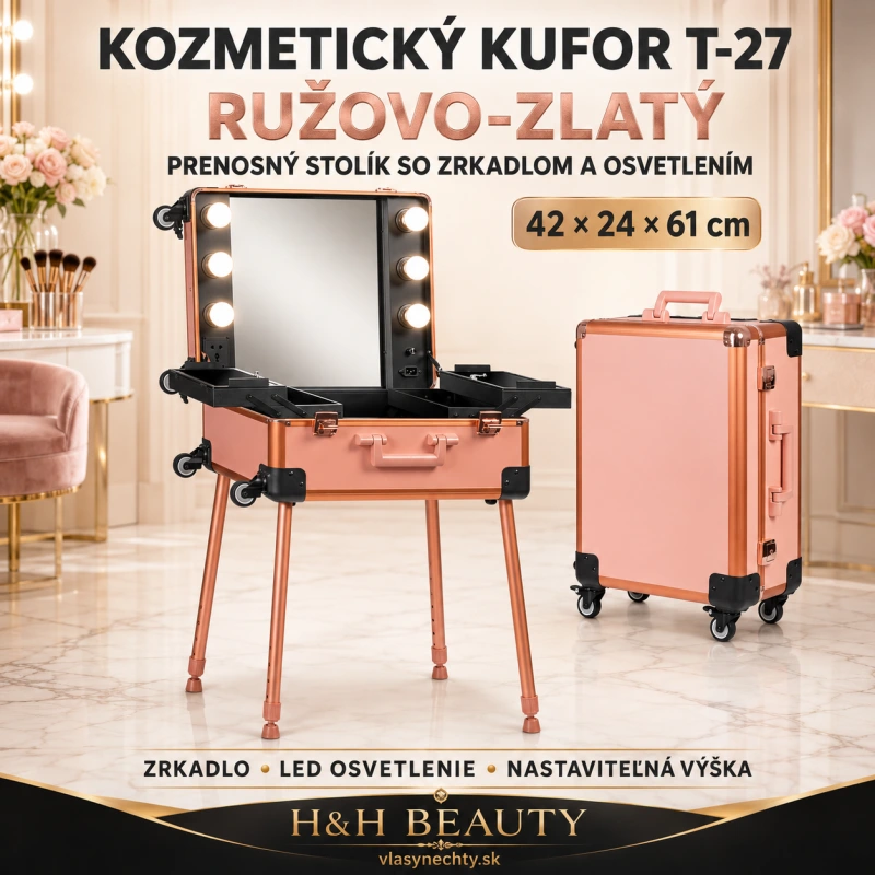 KOZMETICKÝ KUFOR T-27 RUŽOVO ZLATÝ PRENOSNÝ STOLÍK