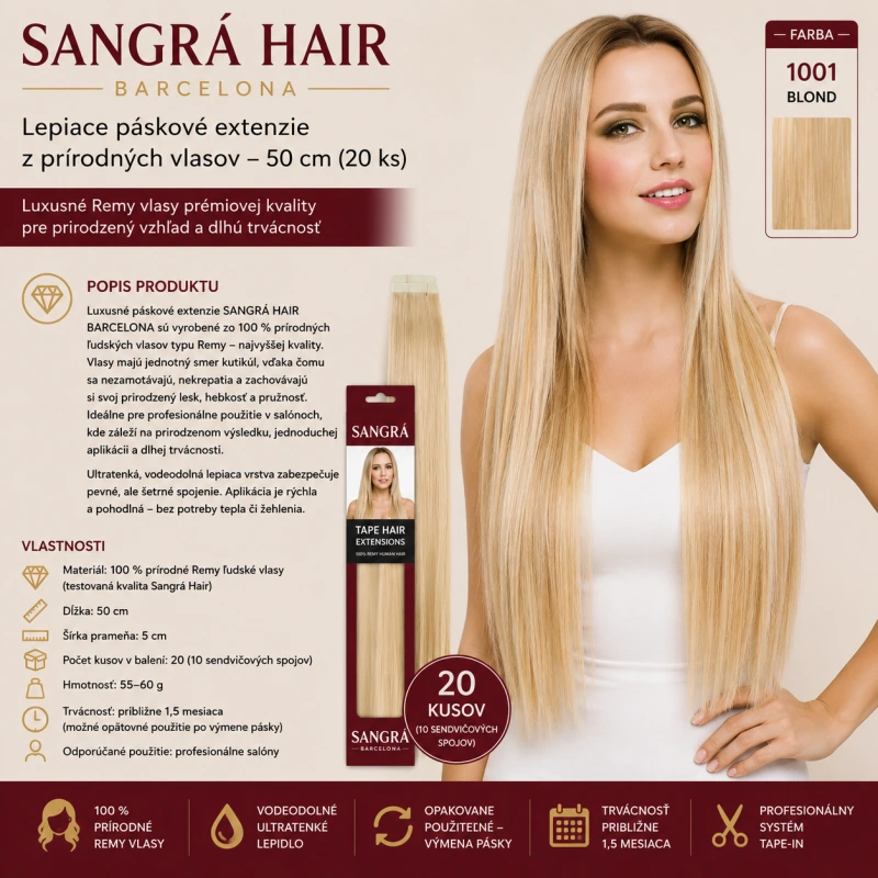 SANGRÁ HAIR BARCELONA –AD na predlžovanie AD 20 prameň. 50 cm 1001 BLOND