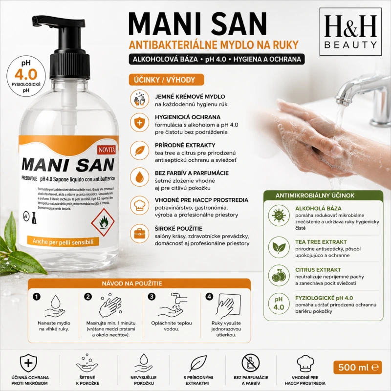 MANI SAN – ANTIBAKTERIÁLNE MYDLO NA RUKY (ALKOHOLOVÁ BÁZA) 500 ml