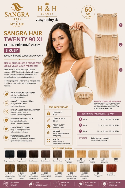 TWENTY 90 XL – Prírodné clip-in extenzie s hmotnosťou 90 g a dĺžkou 60 cm