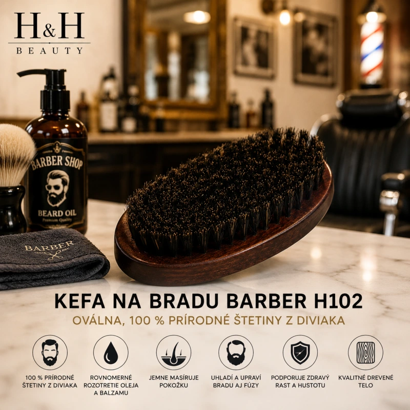 Kefa na bradu BARBER H102 – oválna, 100 % prírodné štetiny z diviaka