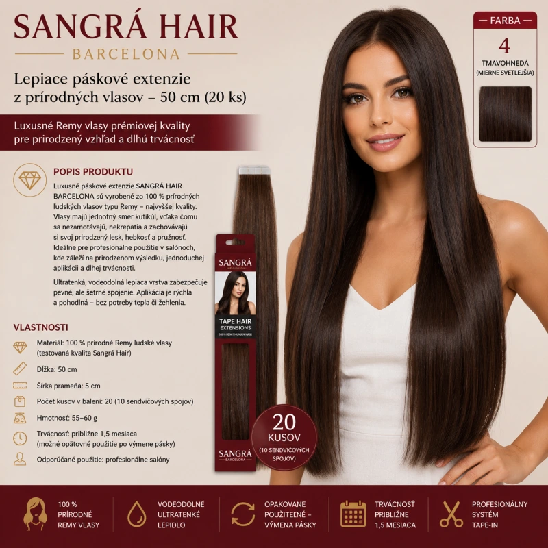 SANGRÁ HAIR BARCELONA –AD na predlžovanie AD 20 prameň. 50 cm FARBA 4 hneda