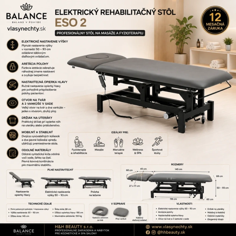 Elektrický rehabilitačný stôl na masáž a fyzioterapiu Eso 2 sivý 15