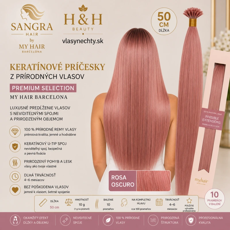 C10 Keratínové príčesky z prírodných vlasov 50 cm – My Hair Barcelona FARBA ROSA OSCURO