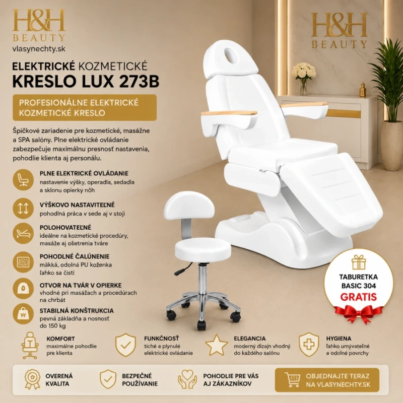 ELEKTRICKÉ KOZMETICKÉ KRESLO LUX 273B BIELE + TABURETKA 304 BASIC GRATIS 12