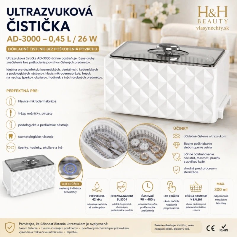 Ultrazvuková čistička AD-3000 obj. 0,45 L 26W Biela 8