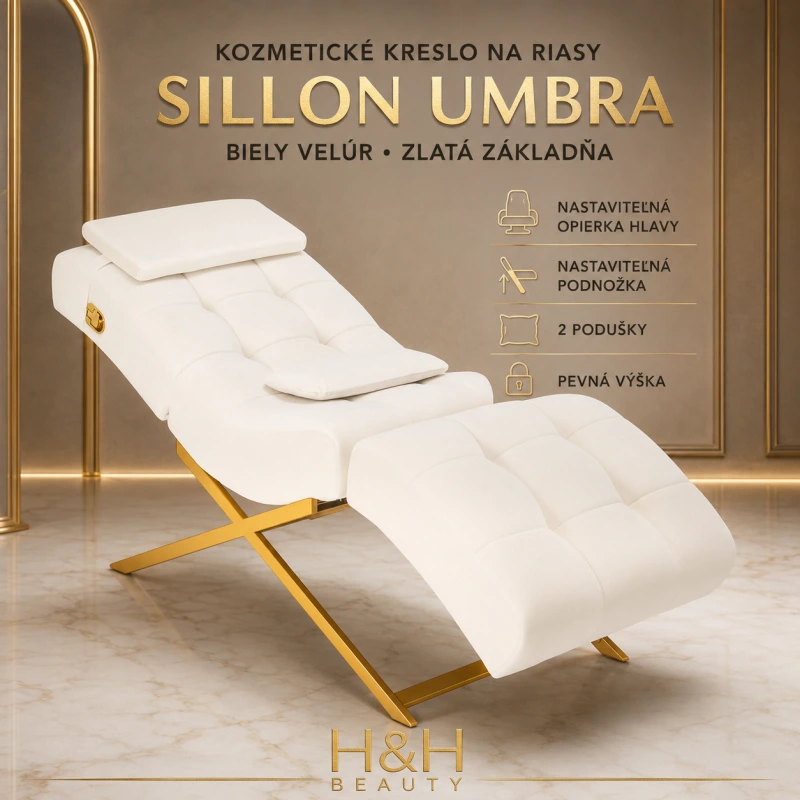 Kozmetické kreslo na riasy Sillon Umbra – biely velúr so zlatou základňou
