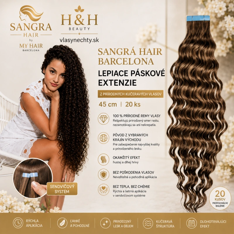 SANGRÁ HAIR BARCELONA –AD páskové extenzie z prírodných kučeravých vlasov 45 cm (20 ks)