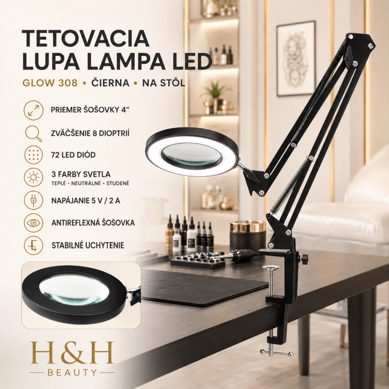 TETOVACIA LUPA LAMPA LED GLOW 308 NA STÔL ČIERNA