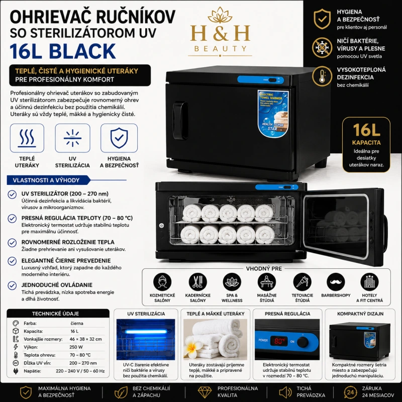 OHRIEVAČ RUČNÍKOV S STERILIZÁTOROM UV 16L BLACK