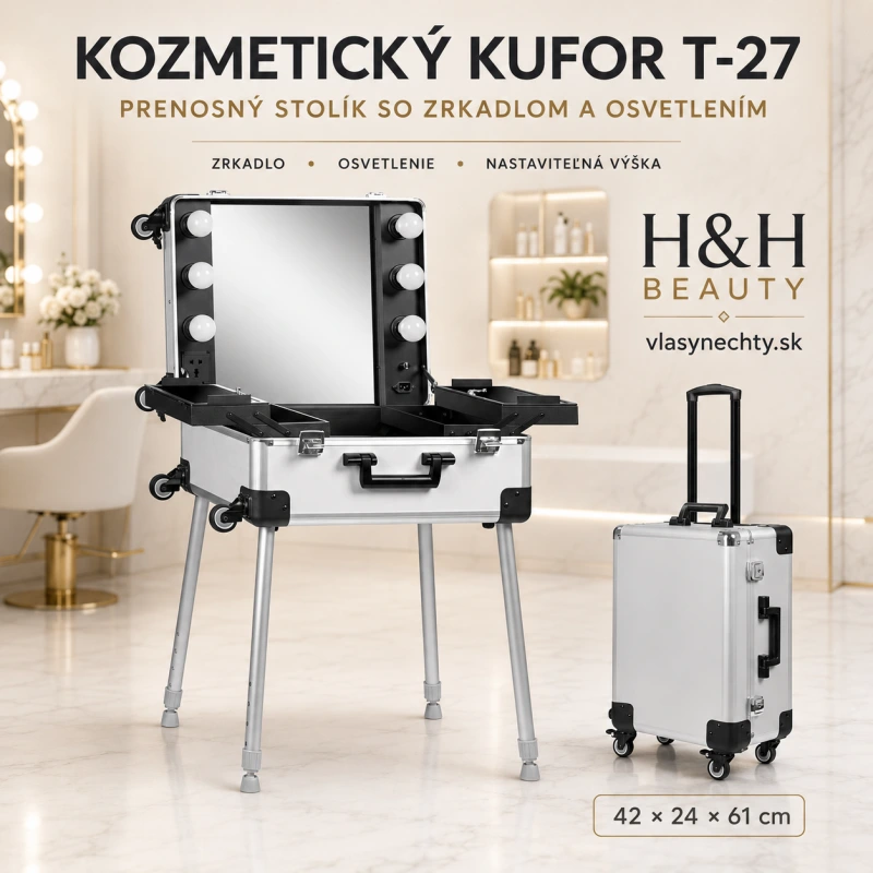 KOZMETICKÝ KUFOR T-27 STRIEBORNÝ PRENOSNÝ STOLÍK