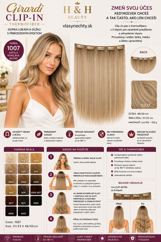 Girardi CLIP-IN vlasy z termovlákna Thermofiber – 5 klipov extra husté COLOR 1007