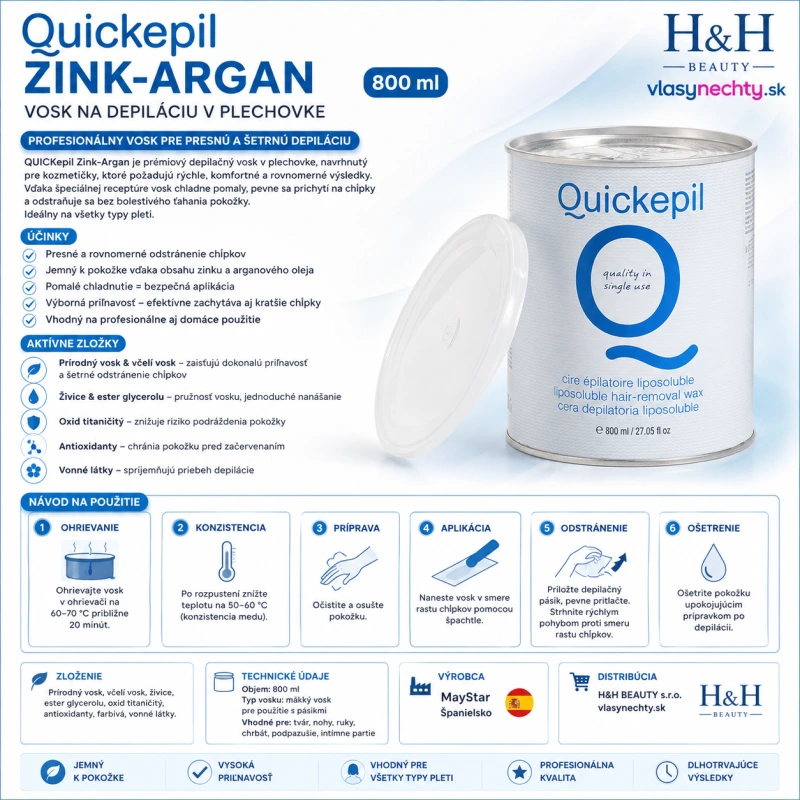 VOSK NA DEPILACIU V PLECHOVKE QUICKEPIL ZINK-ARGAN 800 ml