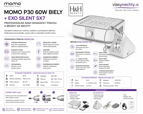MOMO P30 60W biely + EXO Silent SX7 – profes. sada odsávačky prachu a brúsky na nechty 15
