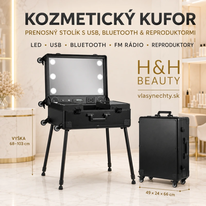KOZMETICKÝ KUFOR ČIERNY PRENOSNÝ STOLÍK S USB A REPRODUKTORMI