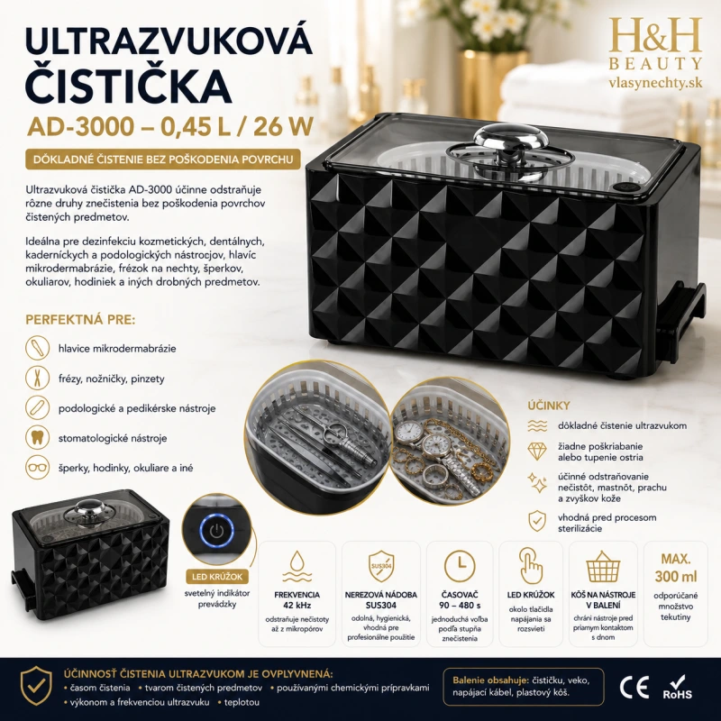 Ultrazvuková čistička AD-3000 obj. 0,45 L 26W Čierna
