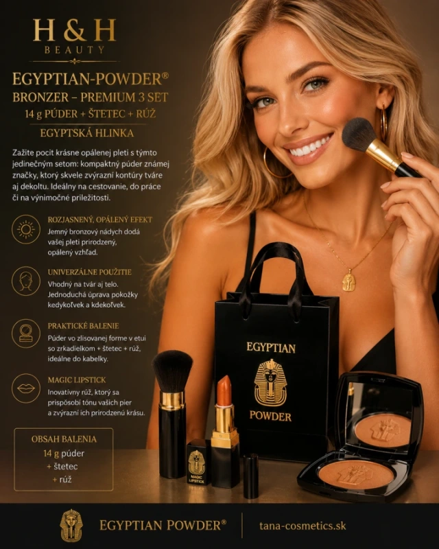 Egyptian-Powder ® Bronzer - Premium 3 Set / bronzer so zrkadielkom, štetec, rúž /