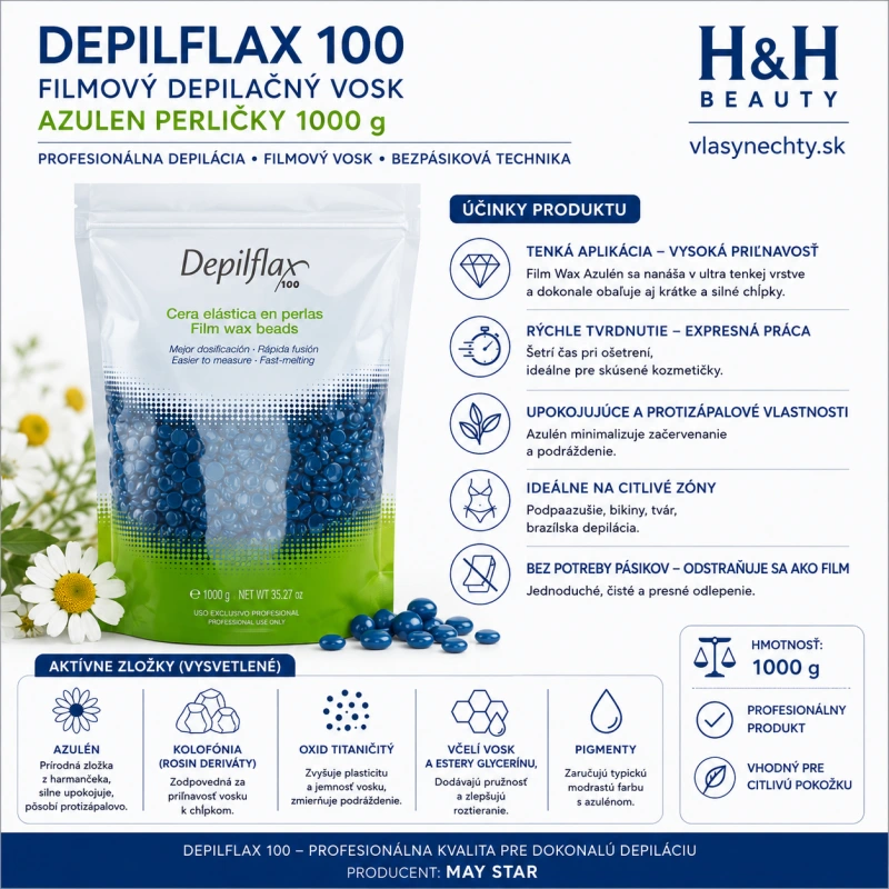 DEPILFLAX 100 FILMOVÝ VOSK NA DEPILÁCIU FILM WAX AZULEN PERLIČKY 1000G