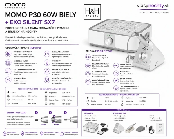 MOMO P30 60W biely + EXO Silent SX7 – profes. sada odsávačky prachu a brúsky na nechty