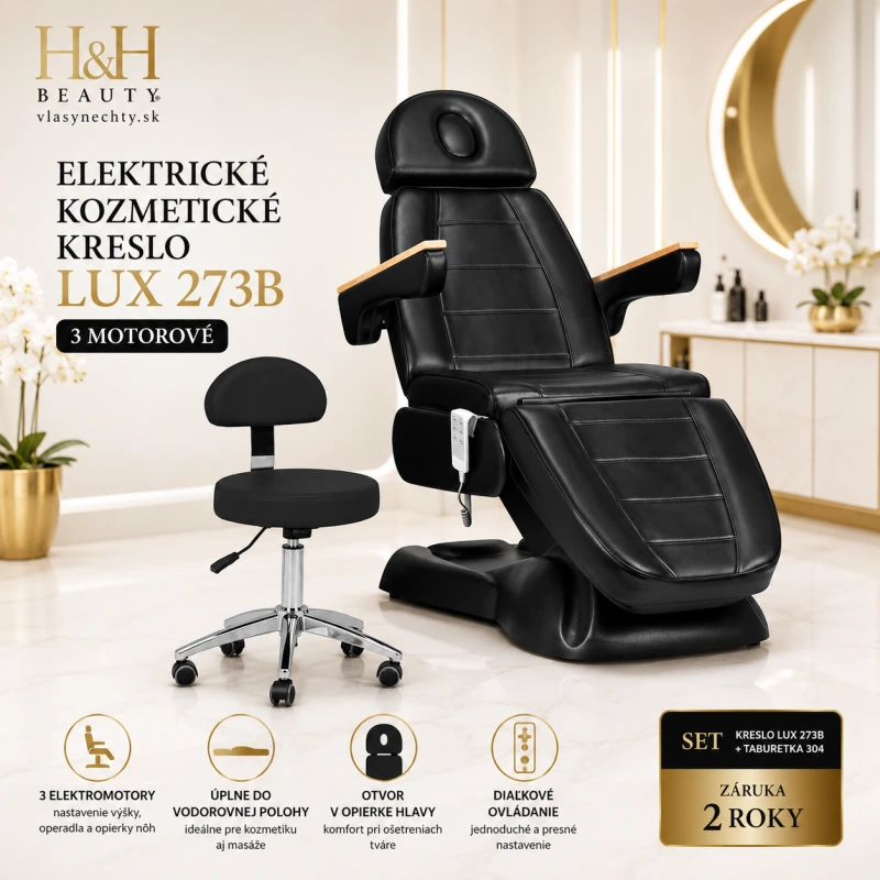 ELEKTRICKÉ KOZMETICKÉ KRESLO LUX 273B 3 MOTOROVÉ ČIERNE + taburetka 304 čierna