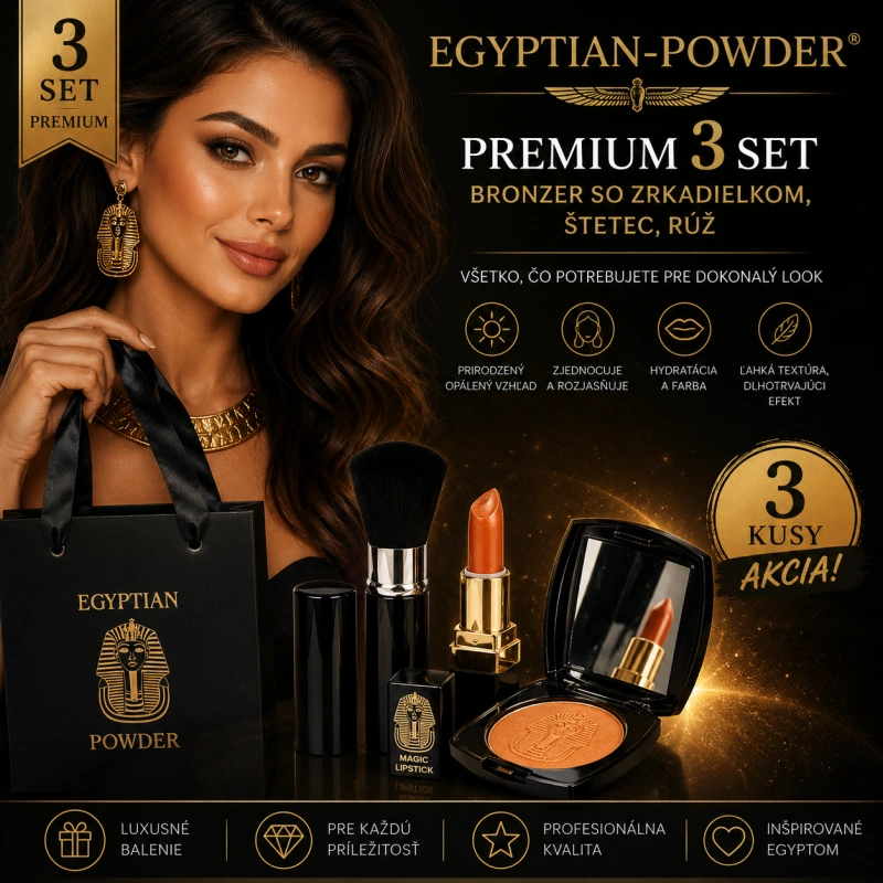Egyptian-Powder ® Bronzer - Premium 3 Set / bronzer so zrkadielkom, štetec, rúž /