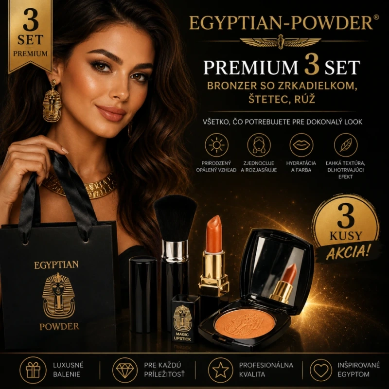 Egyptian-Powder ® Bronzer - Premium 3 Set / bronzer so zrkadielkom, štetec, rúž / 3