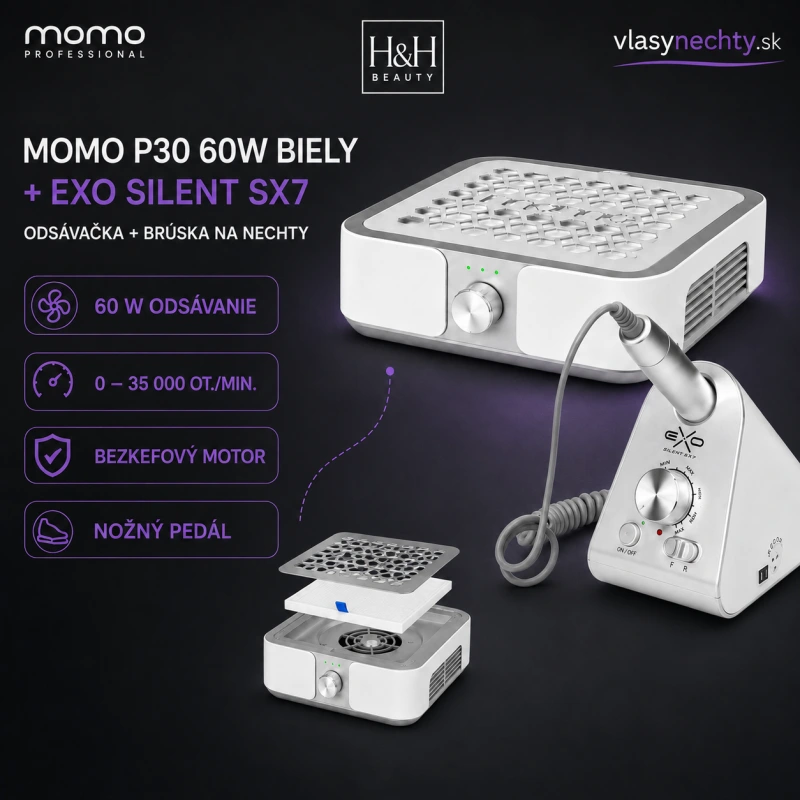 MOMO P30 60W biely + EXO Silent SX7 – profes. sada odsávačky prachu a brúsky na nechty