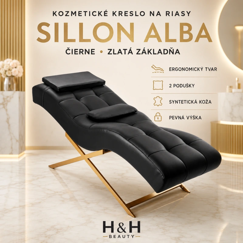 Kozmetické kreslo na riasy Sillon Alba – čierne so zlatou základňou