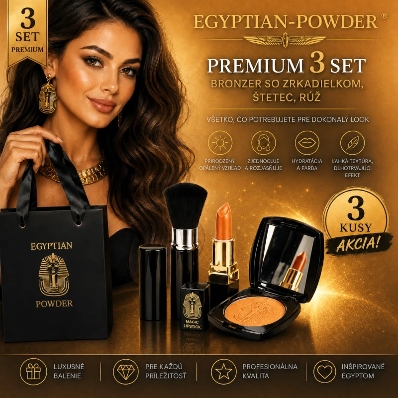 Egyptian-Powder ® Bronzer - Premium 3 Set / bronzer so zrkadielkom, štetec, rúž /